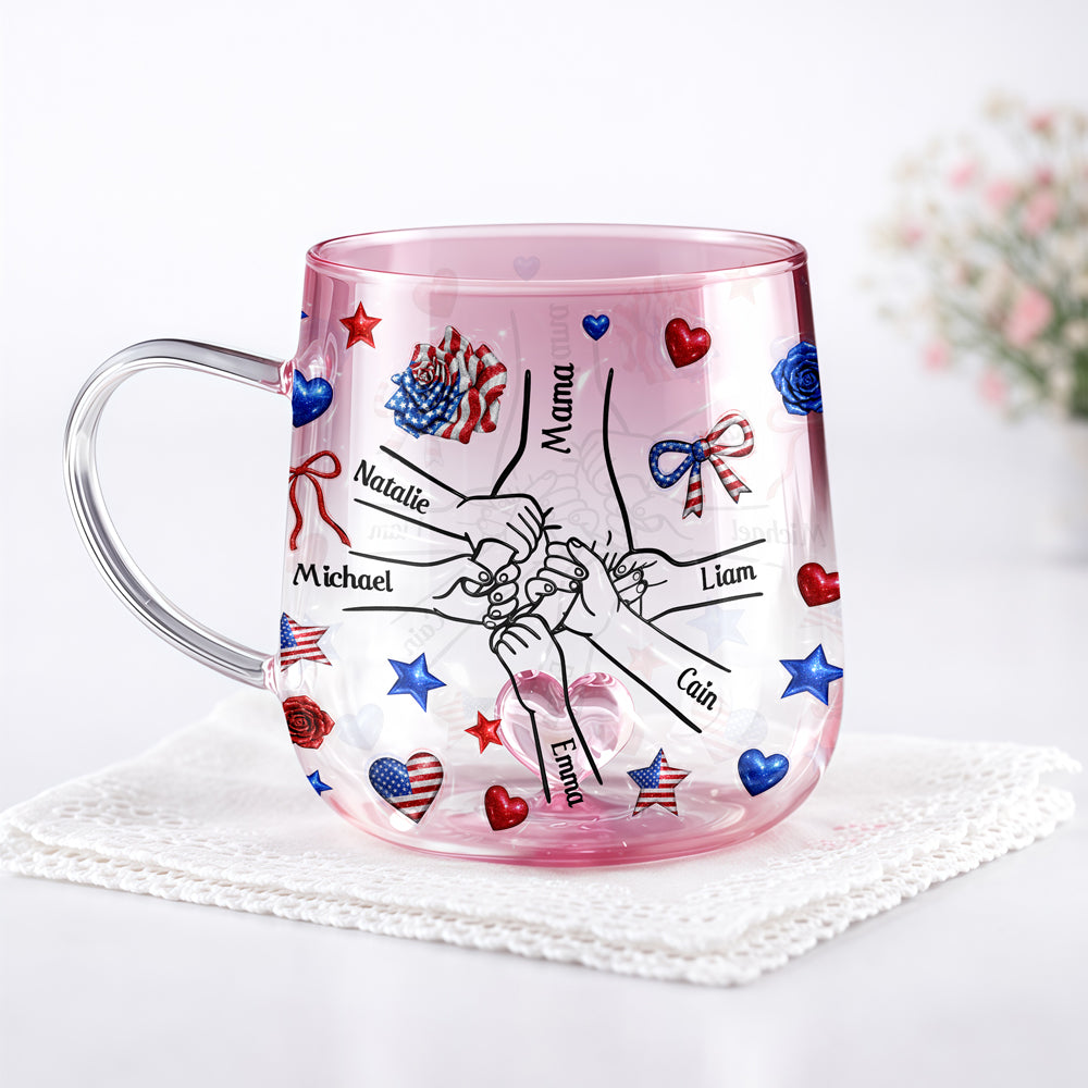 Custom Name Forever Connected, Hand in Hand American Flag Gradient Glass Mug, Personalized Mother’s Day Gift for Mom HO82 902074