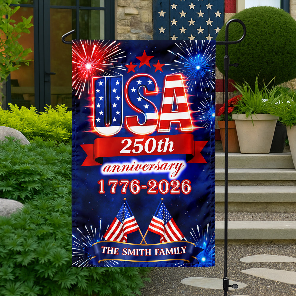 Custom Family Name USA 250th Anniversary 1776-2026 Fireworks Garden Flag LM32 669179
