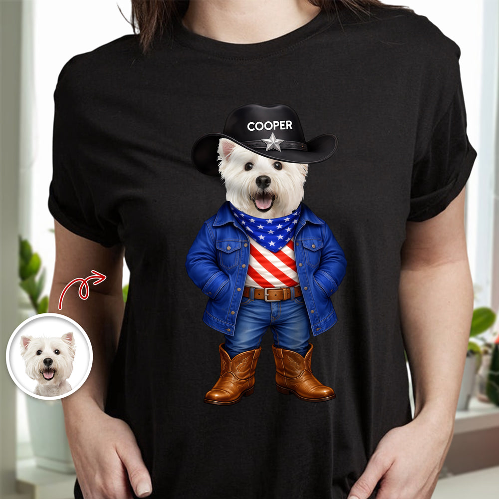Custom Dog Cat Photo Patriotic Cowboy Dark Shirt, Personalized Pet USA Flag Outfit Gift for Pet Lovers HA75 920970