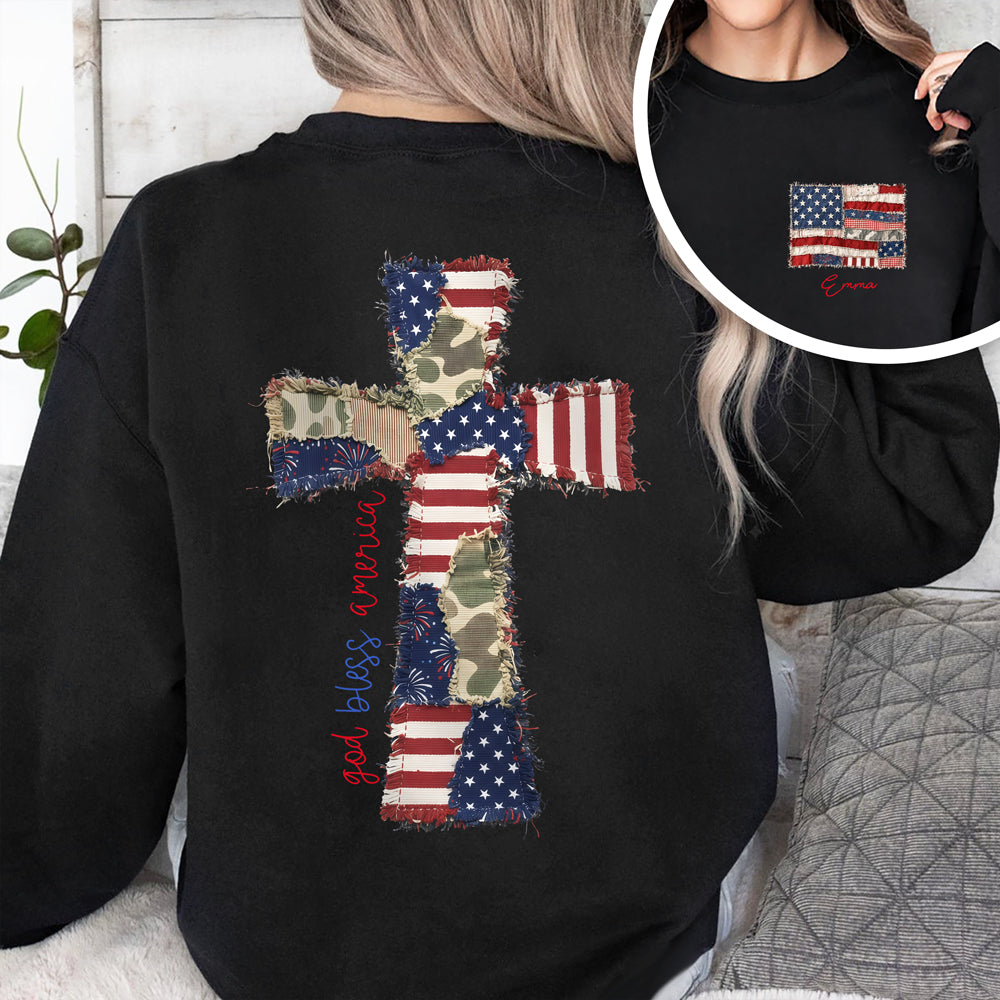 Custom Name God Bless America Patchwork USA Flag Back & Front Dark Shirt HO82 902202