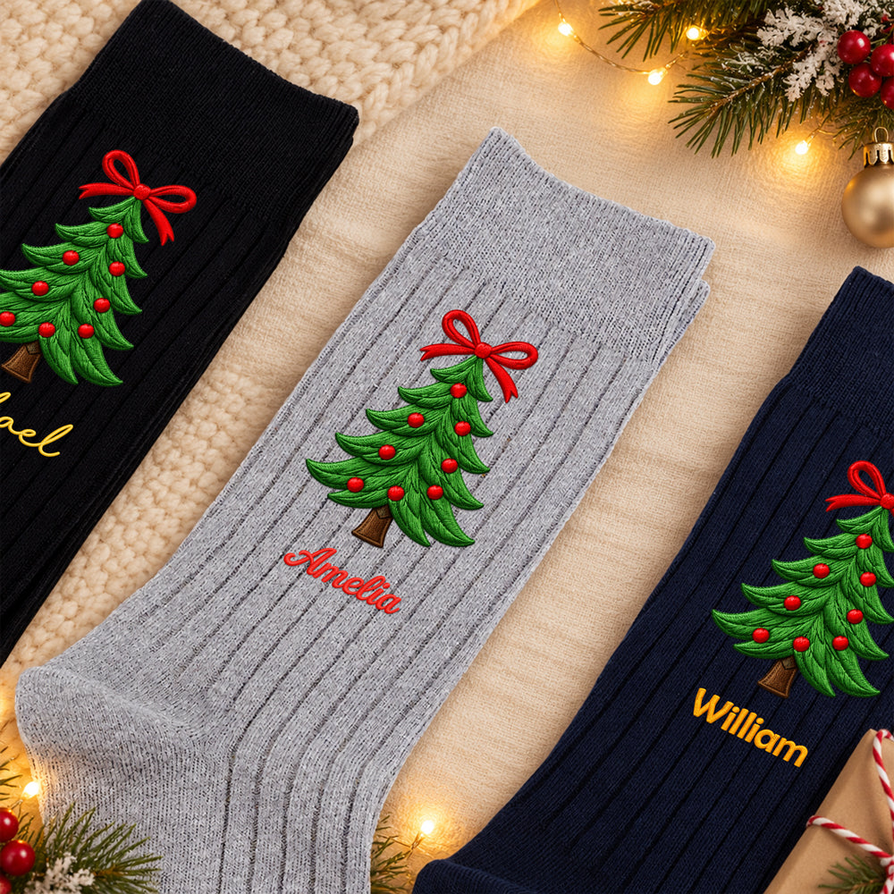Personalized Name Christmas Tree Embroidered Socks HO82 904016