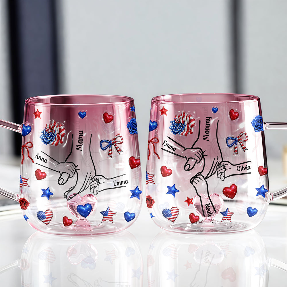 Custom Name Forever Connected, Hand in Hand American Flag Gradient Glass Mug, Personalized Mother’s Day Gift for Mom HO82 902074