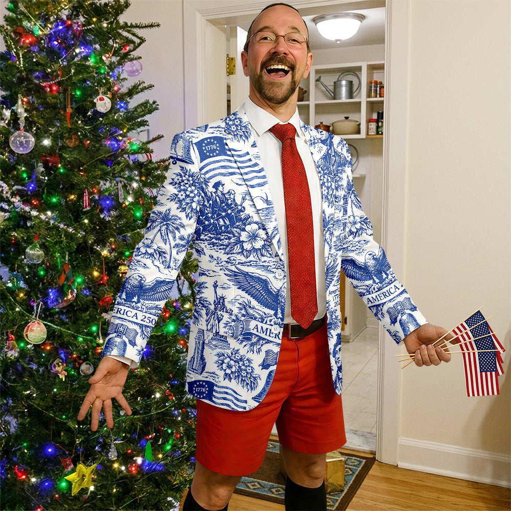America 250th Anniversary Toile De Jouy Style Patriotic Men's Suit CH07 911028