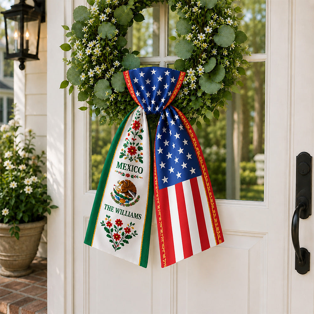 Personalized Family Name Mexico And US Flag Print Wreath Sash Decoration LM32 669879