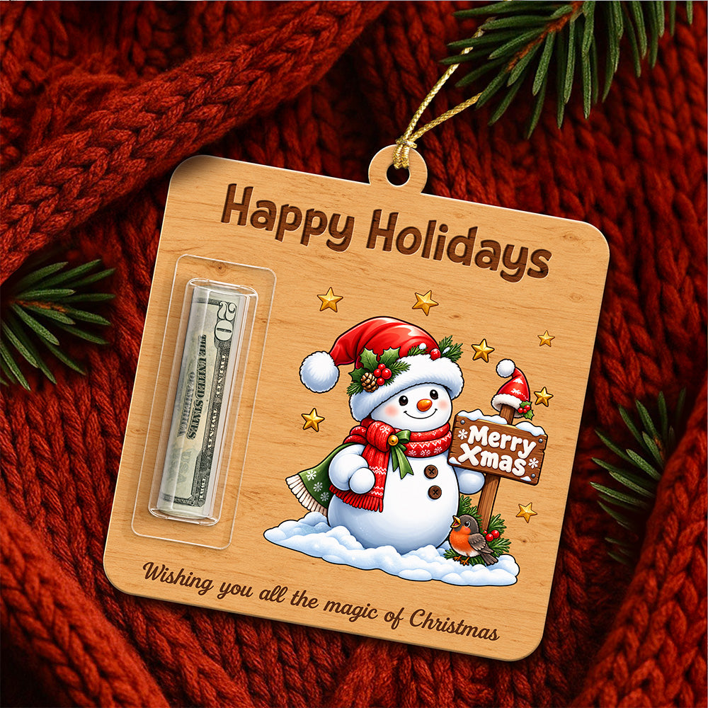 Personalized Character Happy Holidays Wooden Money Holder Ornament, Christmas Cash Gift For Family TH10 171379