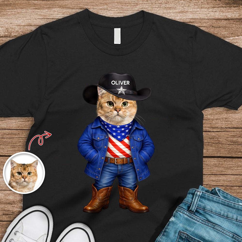 Custom Dog Cat Photo Patriotic Cowboy Dark Shirt, Personalized Pet USA Flag Outfit Gift for Pet Lovers HA75 920970