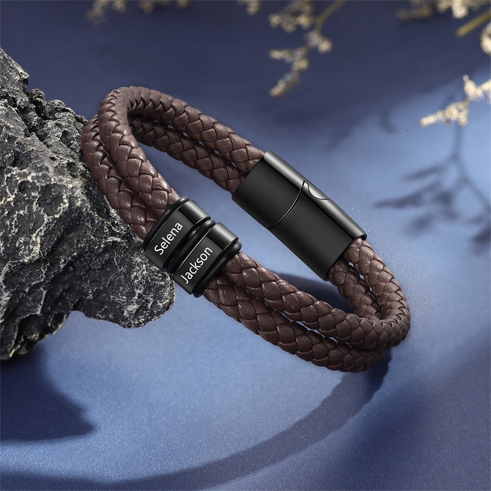 Personalized Kid Names Men's Braid 7-9 inch Leather Bracelet - Gift For Dad, Men's Jewelry, Husband's Gifts, Grandad Father's Day Gift HO82 902408