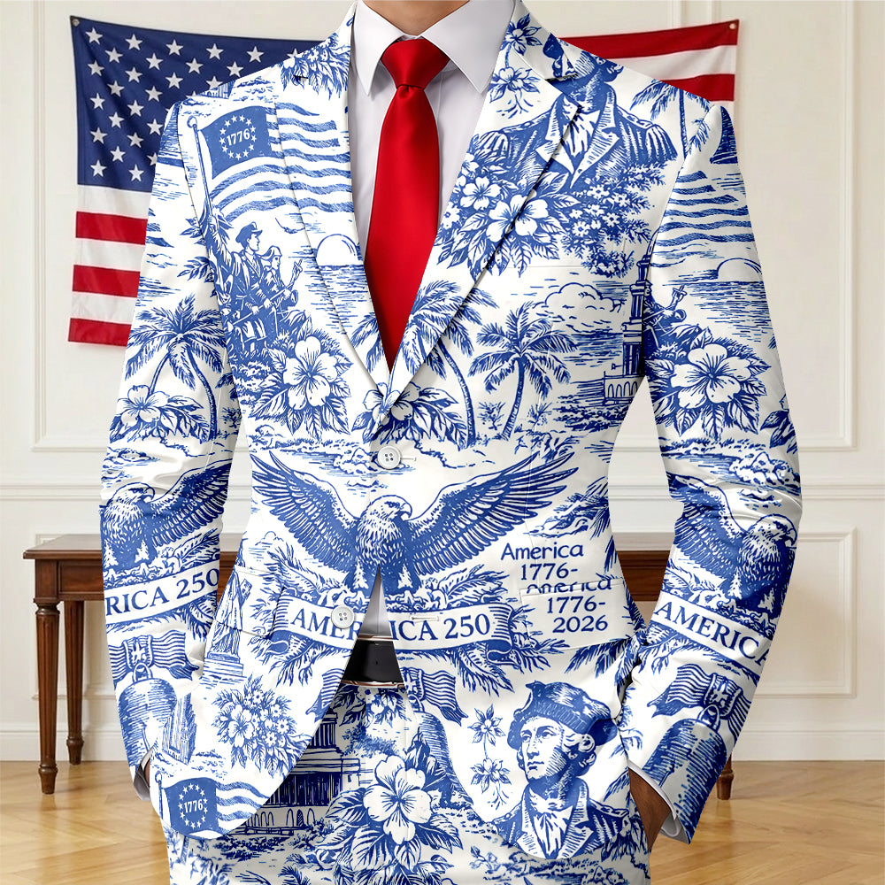 America 250th Anniversary Toile De Jouy Style Patriotic Men's Suit CH07 911028