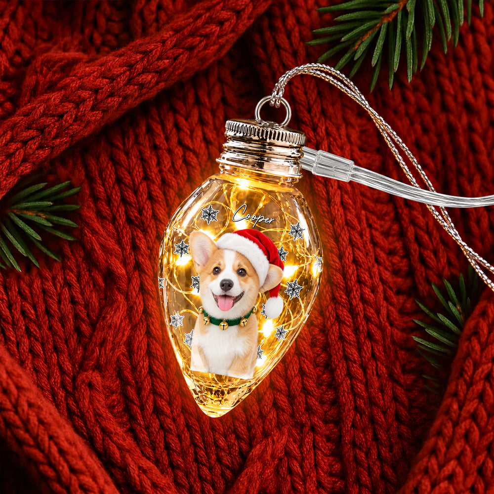 Custom Photo & Name Pet Dog Portrait With Holly Snowflake Poinsettia Chili Bulb LED Light HO82 904080