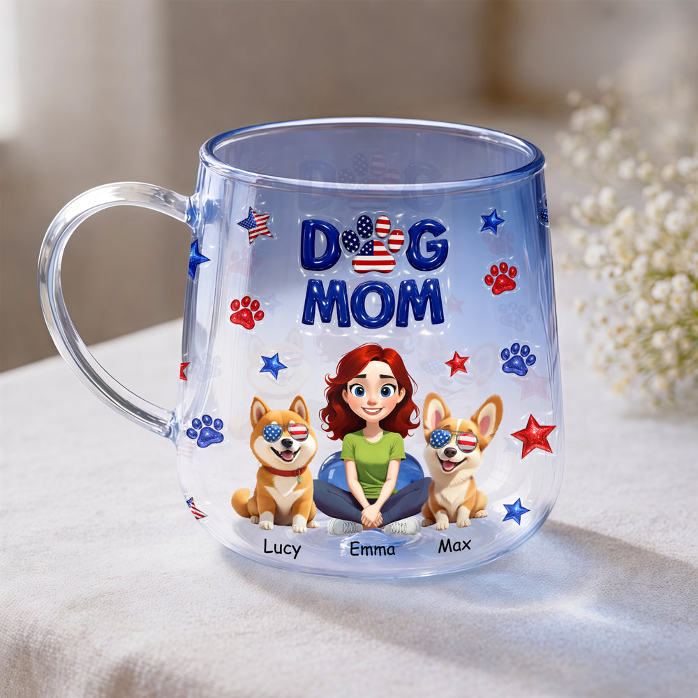 Custom Dog Mom & 3D Dog US Flag Gradient Glass Mug HO82 901916