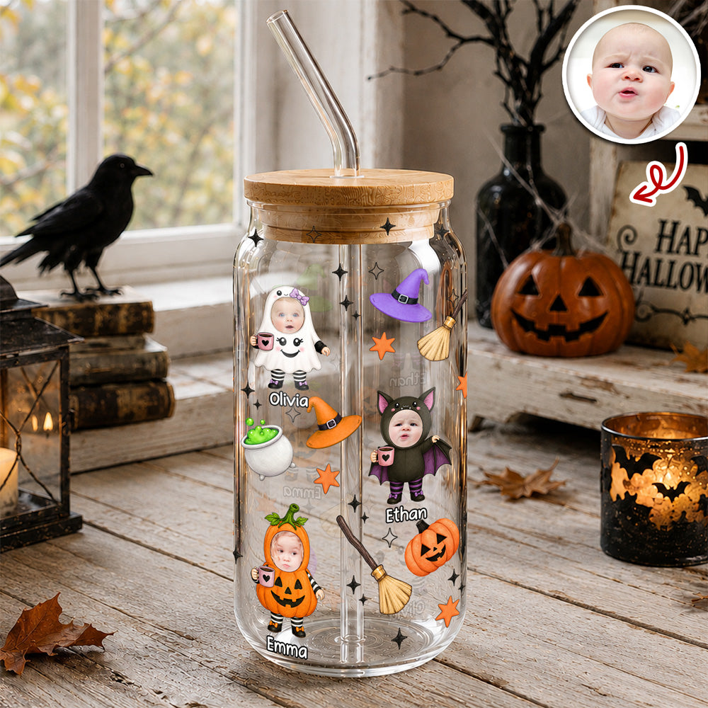 Custom Funny Face Little Boo Halloween Pattern Glass Can With Lid - Personalized Spooky Halloween Gift LM32 669585