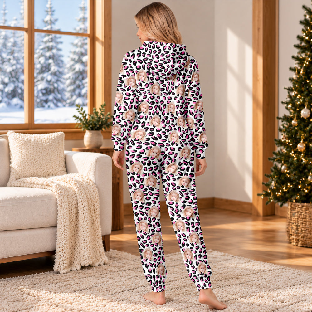 Personalized Face Photo Leopard Print Onesie Pajamas Funny Holiday Gift for Women HO82 903696