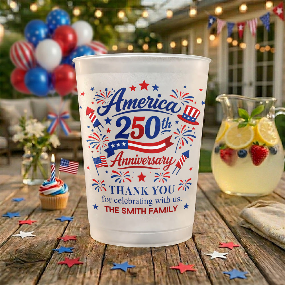 Custom Family Name US 250th Anniversary Thank You for Celebrating With Us Party Cups TH10 170083
