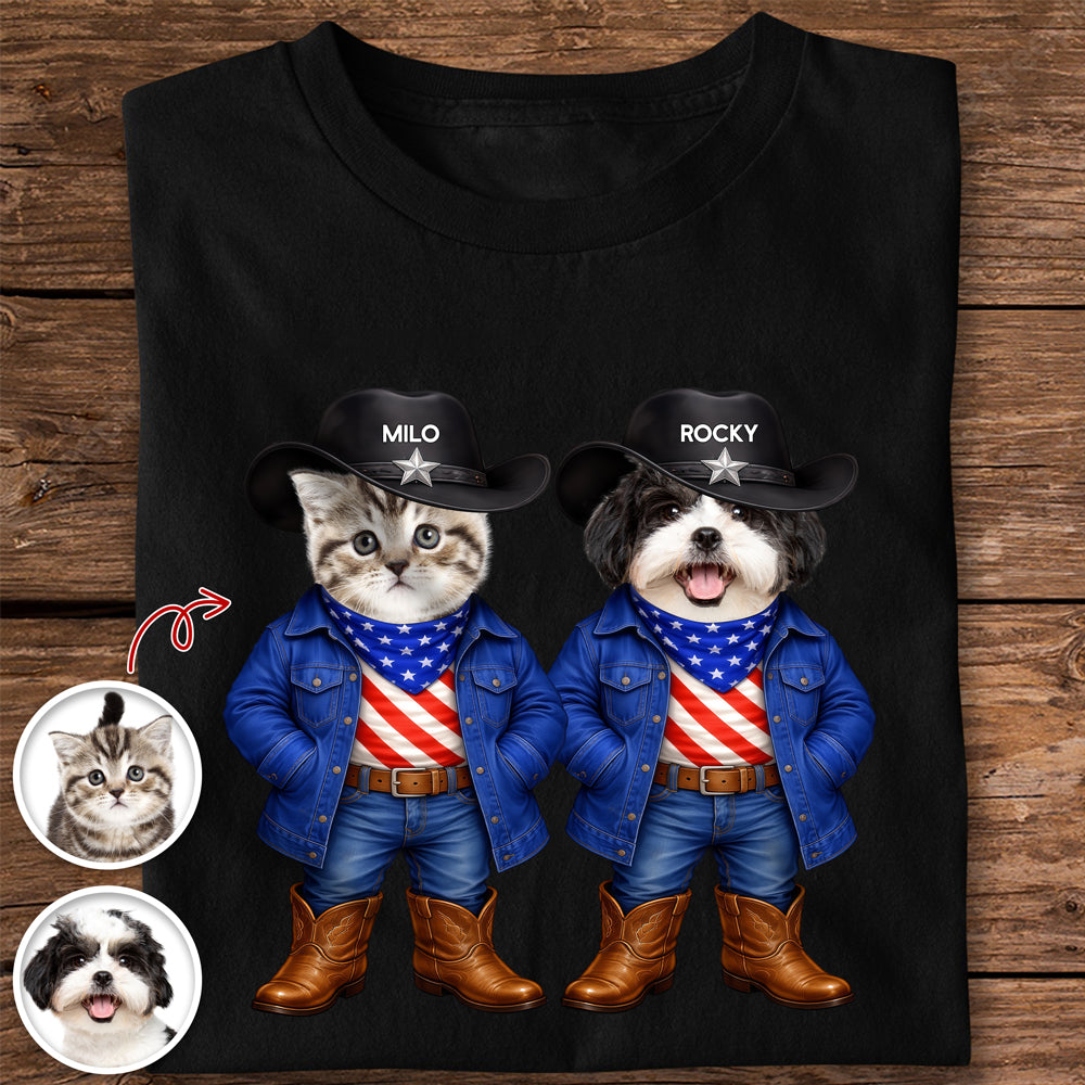 Custom Dog Cat Photo Patriotic Cowboy Dark Shirt, Personalized Pet USA Flag Outfit Gift for Pet Lovers HA75 920970