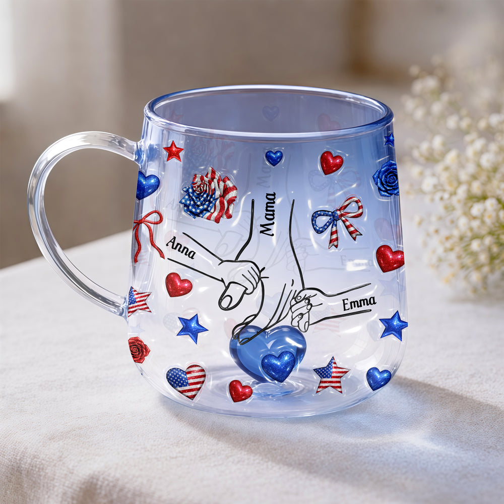 Custom Name Forever Connected, Hand in Hand American Flag Gradient Glass Mug, Personalized Mother’s Day Gift for Mom HO82 902074