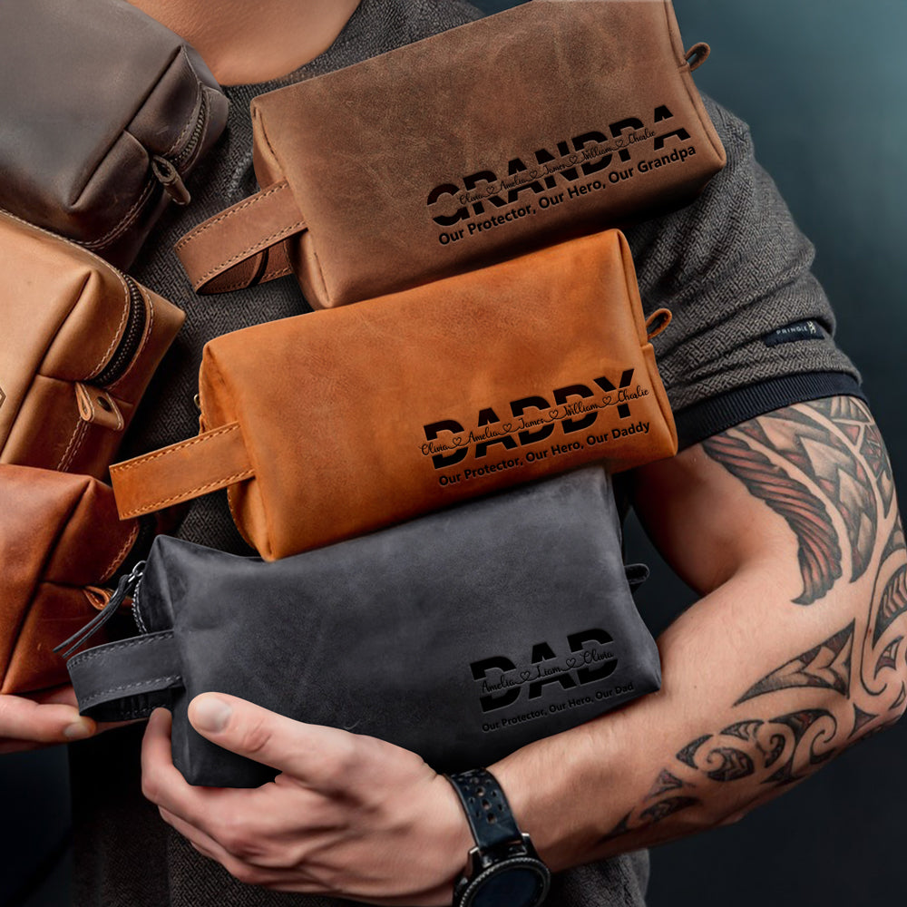 Personalized Dad And Kids Names Engraved Leather Toiletry Bag HO82 894194