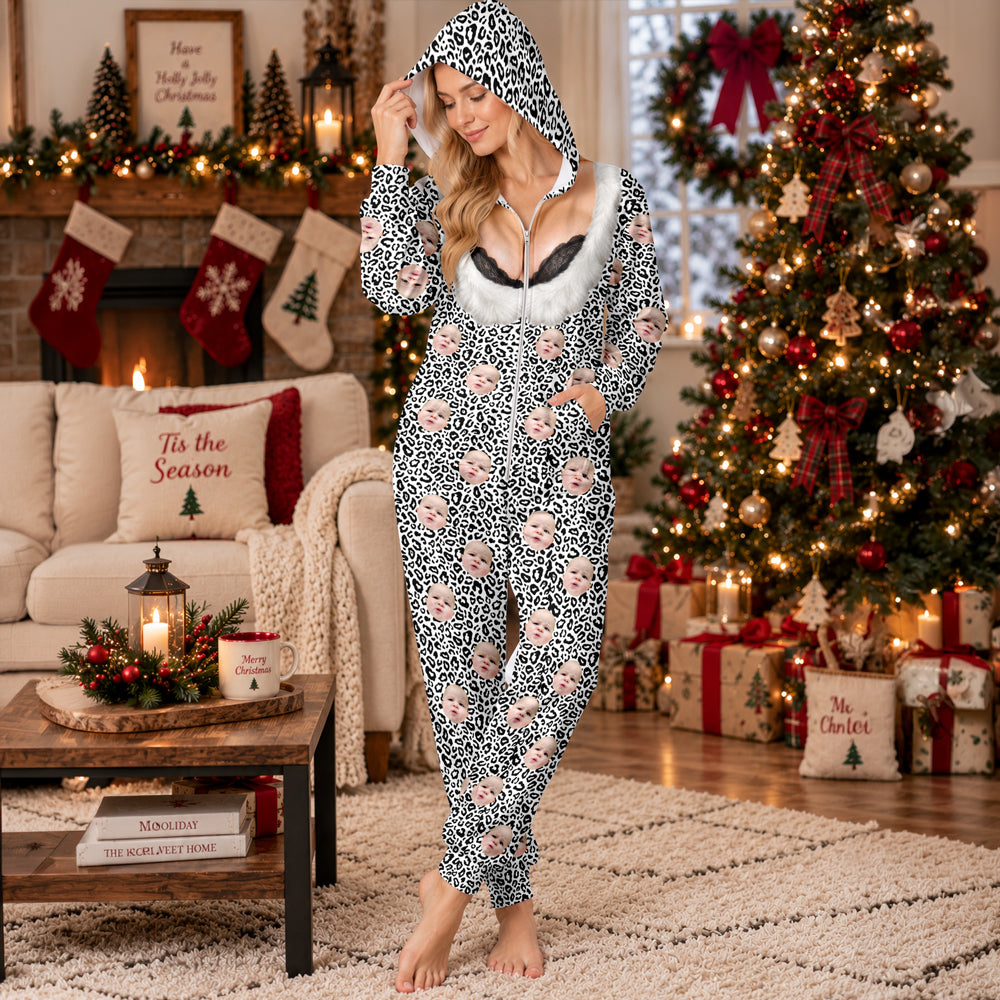 Personalized Face Photo Leopard Print Onesie Pajamas Funny Holiday Gift for Women HO82 903696