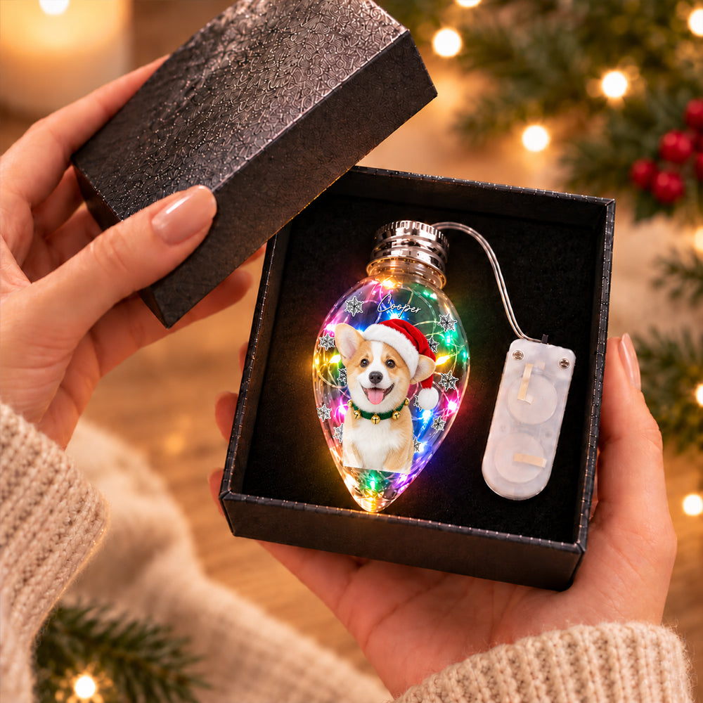 Custom Photo & Name Pet Dog Portrait With Holly Snowflake Poinsettia Chili Bulb LED Light HO82 904080