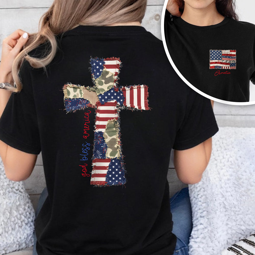 Custom Name God Bless America Patchwork USA Flag Back & Front Dark Shirt HO82 902202