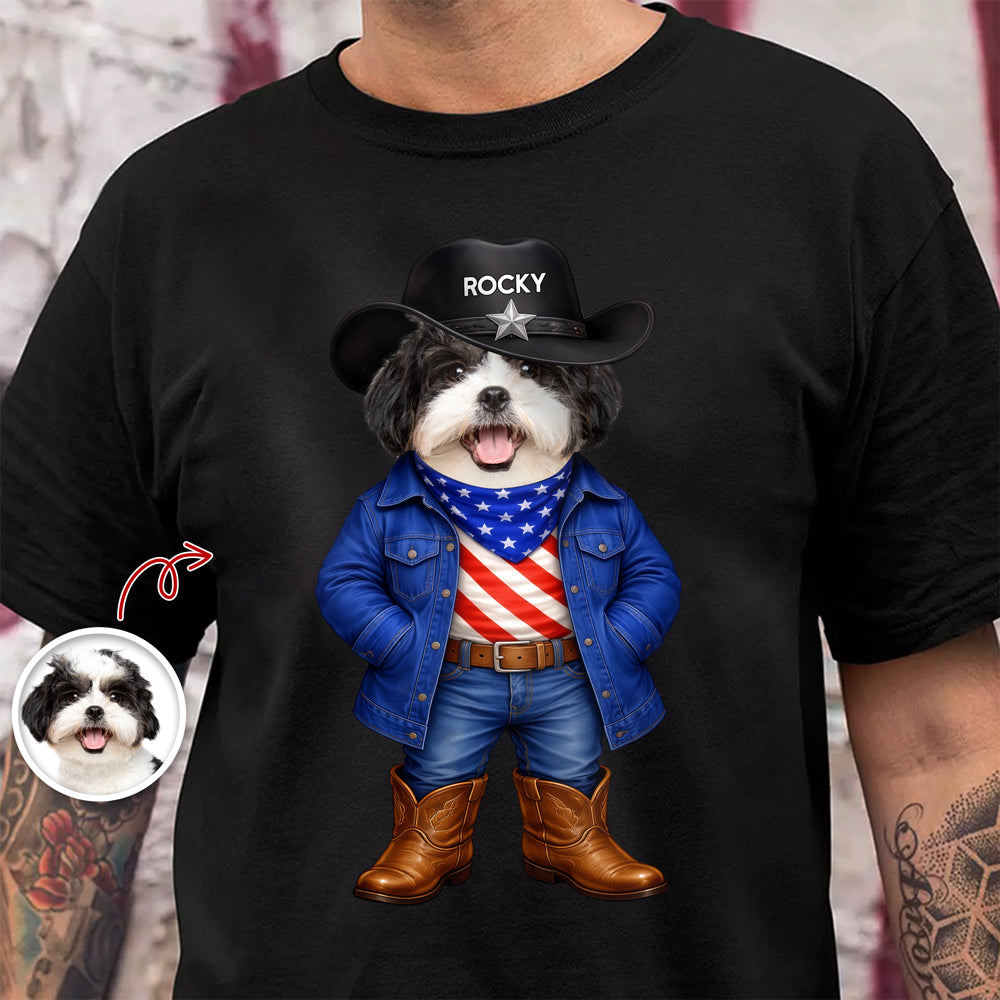 Custom Dog Cat Photo Patriotic Cowboy Dark Shirt, Personalized Pet USA Flag Outfit Gift for Pet Lovers HA75 920970