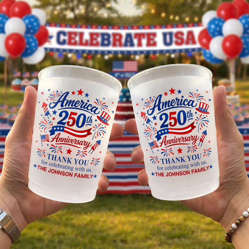 Custom Family Name US 250th Anniversary Thank You for Celebrating With Us Party Cups TH10 170083