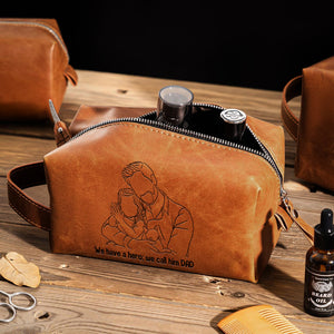 Custom Dad And Kids Photo Drawing Style Engraved Men's Leather Toiletry Bag HO82 894224