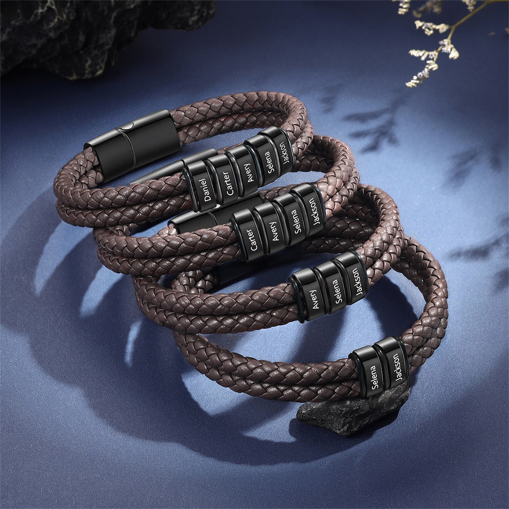 Personalized Kid Names Men's Braid 7-9 inch Leather Bracelet - Gift For Dad, Men's Jewelry, Husband's Gifts, Grandad Father's Day Gift HO82 902408