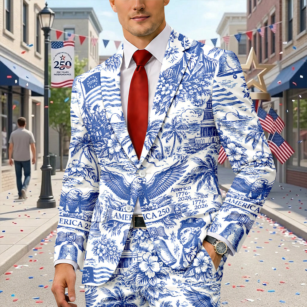 America 250th Anniversary Toile De Jouy Style Patriotic Men's Suit CH07 911028