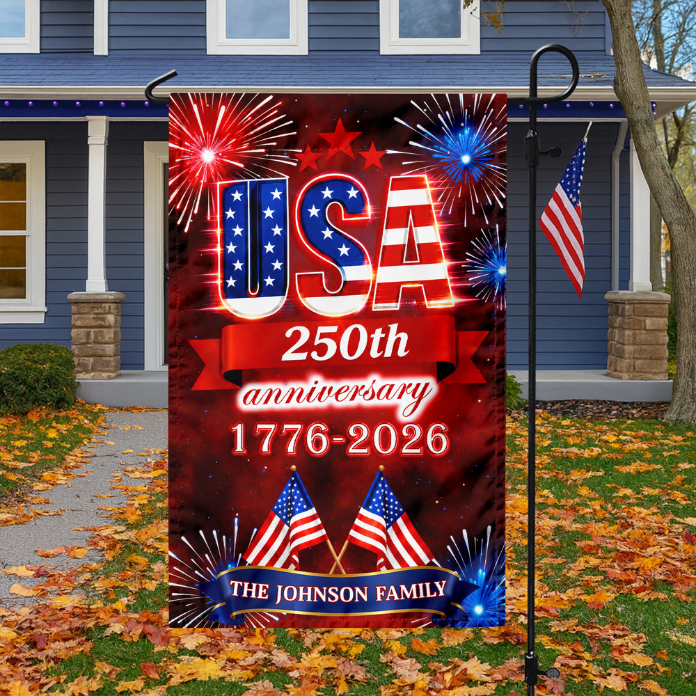 Custom Family Name USA 250th Anniversary 1776-2026 Fireworks Garden Flag LM32 669179