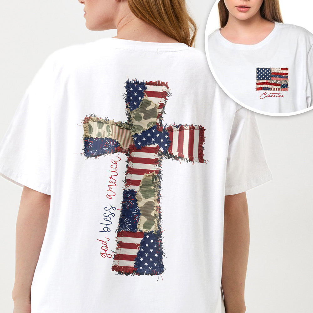 Custom Name God Bless America Patchwork USA Flag Back & Front Shirt HO82 902224
