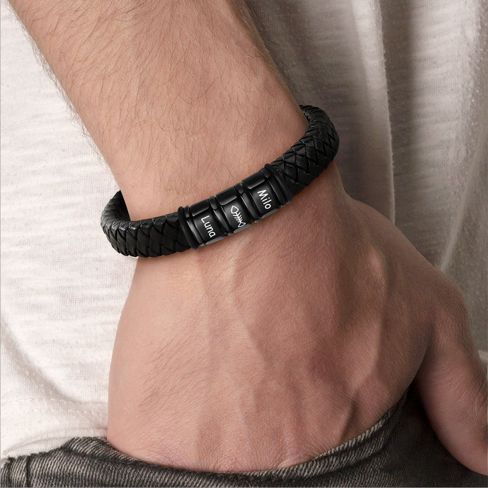 Personalized Name Adorable Icon Mens Beaded Leather Bracelet Gift For Dad, Family LM32 893659