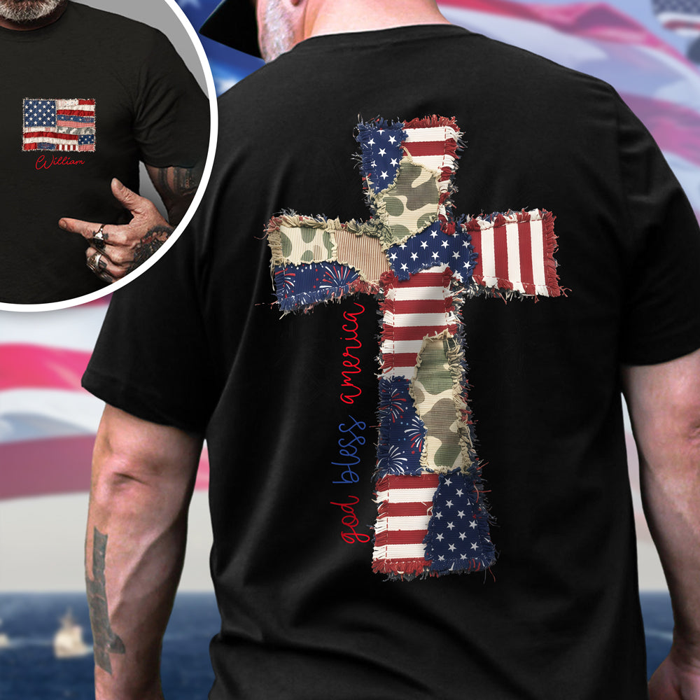 Custom Name God Bless America Patchwork USA Flag Back & Front Dark Shirt HO82 902202