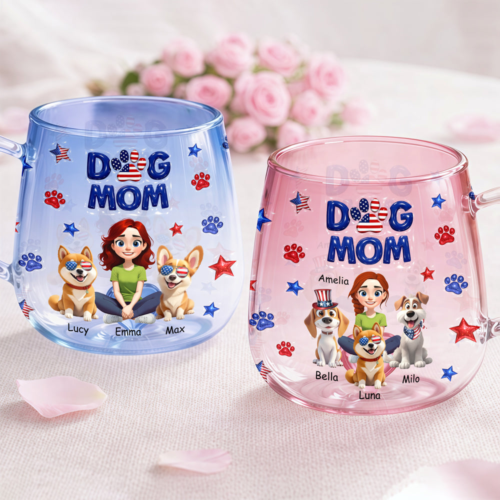 Custom Dog Mom & 3D Dog US Flag Gradient Glass Mug HO82 901916