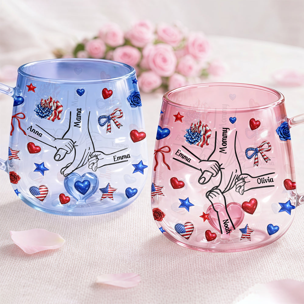 Custom Name Forever Connected, Hand in Hand American Flag Gradient Glass Mug, Personalized Mother’s Day Gift for Mom HO82 902074