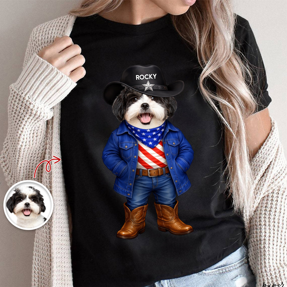 Custom Dog Cat Photo Patriotic Cowboy Dark Shirt, Personalized Pet USA Flag Outfit Gift for Pet Lovers HA75 920970