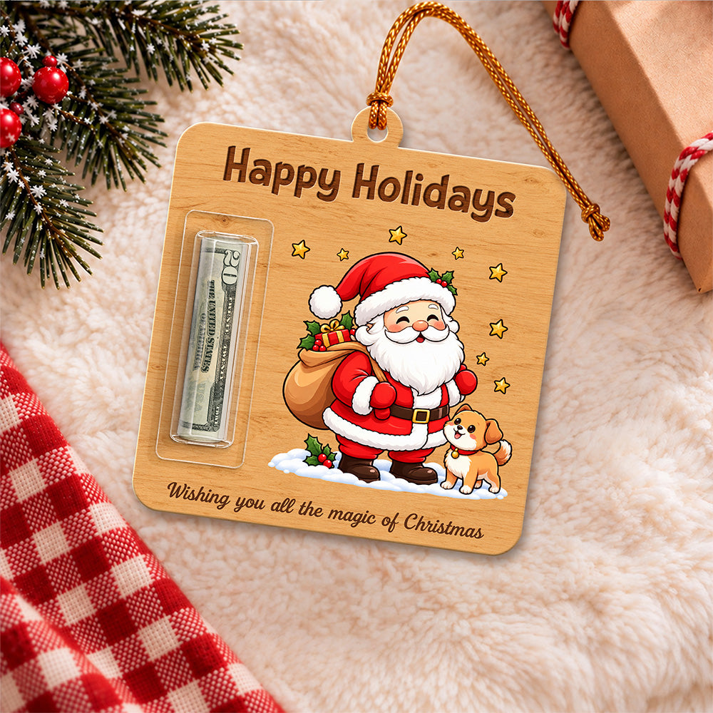 Personalized Character Happy Holidays Wooden Money Holder Ornament, Christmas Cash Gift For Family TH10 171379