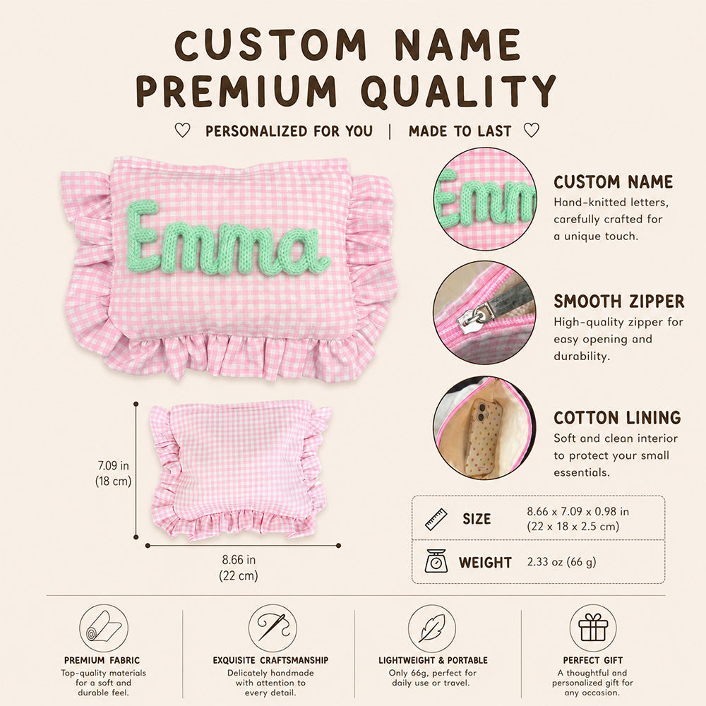 Custom Name Gingham Ruffle Cosmetic Bag - Personalized Gift for Her CH07 180034