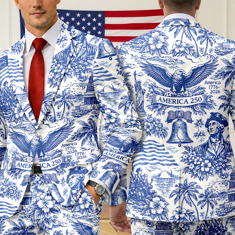 America 250th Anniversary Toile De Jouy Style Patriotic Men's Suit CH07 911028