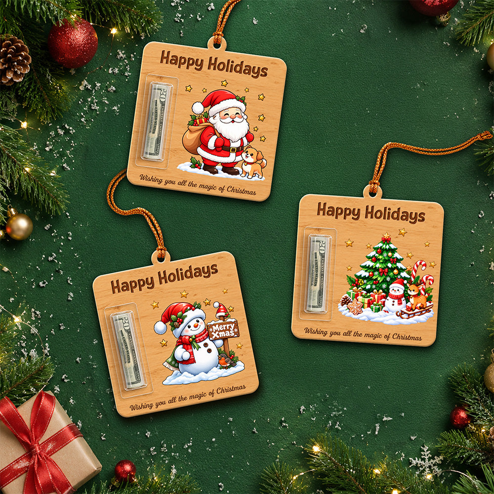 Personalized Character Happy Holidays Wooden Money Holder Ornament, Christmas Cash Gift For Family TH10 171379