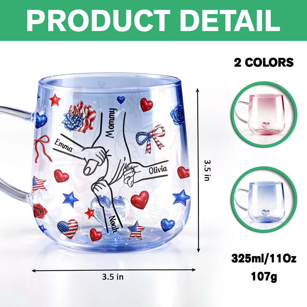 Custom Name Forever Connected, Hand in Hand American Flag Gradient Glass Mug, Personalized Mother’s Day Gift for Mom HO82 902074
