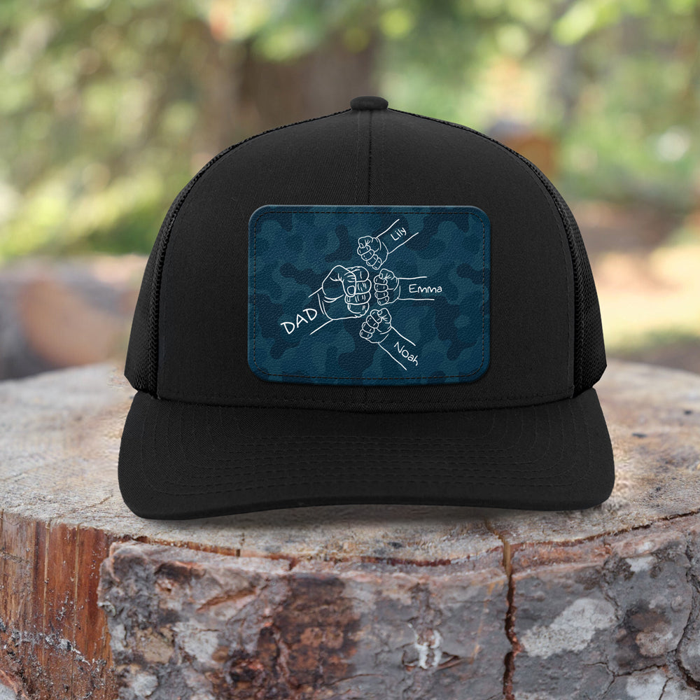 Custom Kid Names Dad Fist Bump Leather Patch Cap, Personalized Gift for Dad HO82 902286