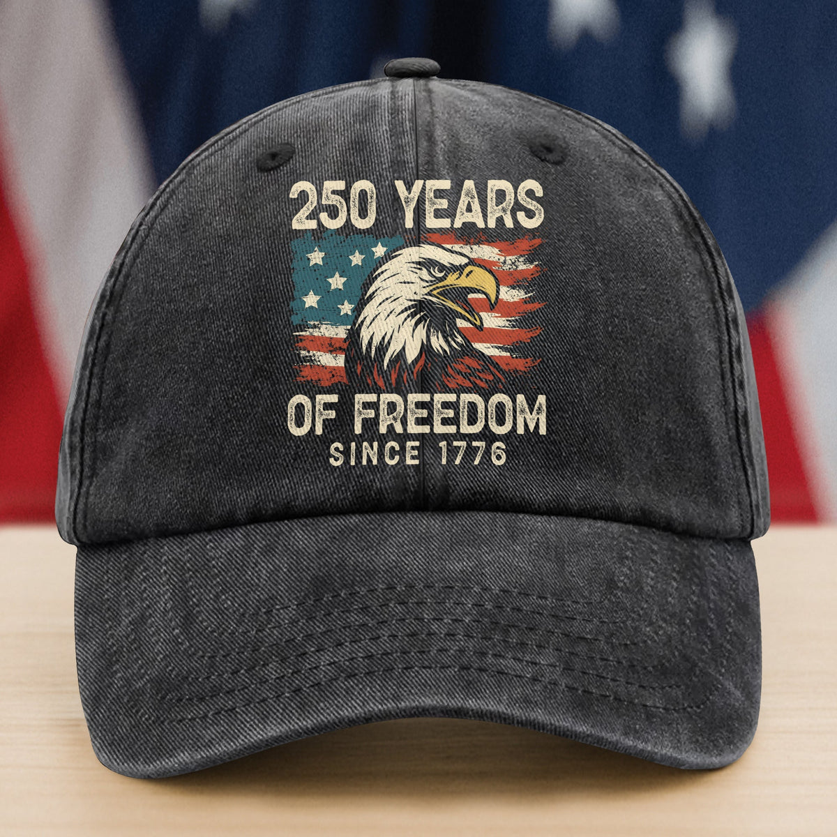 250 Years Of Freedom Since 1776 USA Bald Eagle America Flag Washed Denim Baseball Cap HA75 897380