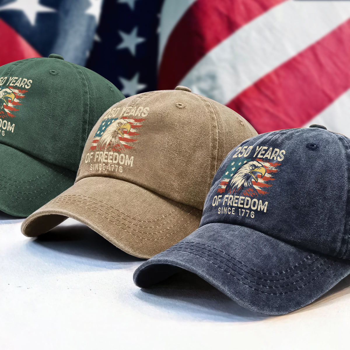 250 Years Of Freedom Since 1776 USA Bald Eagle America Flag Washed Denim Baseball Cap HA75 897380