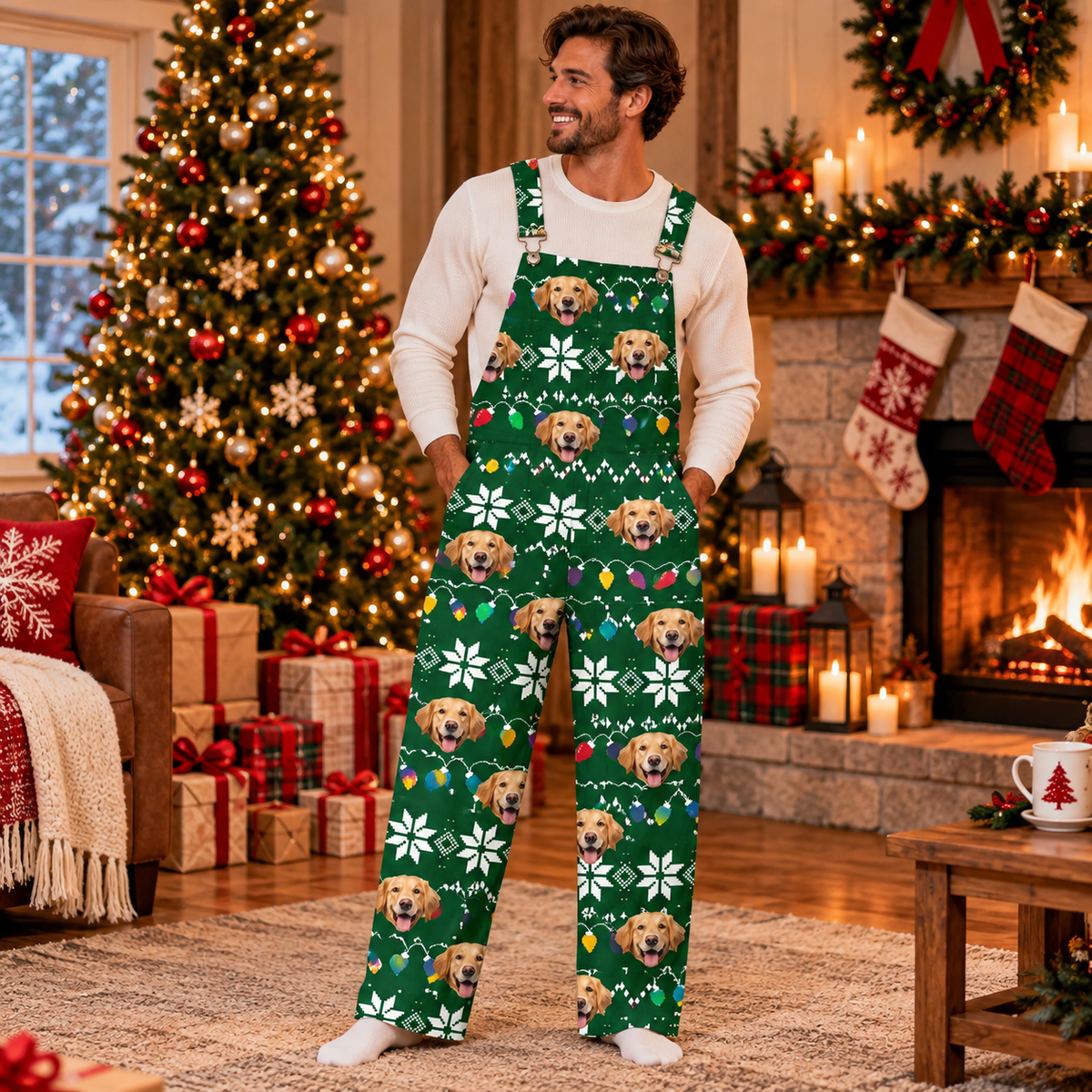 Custom Dog Face Funny Christmas Lights Overall Jumpsuit - Best Christmas Gift For Family HO82 903890