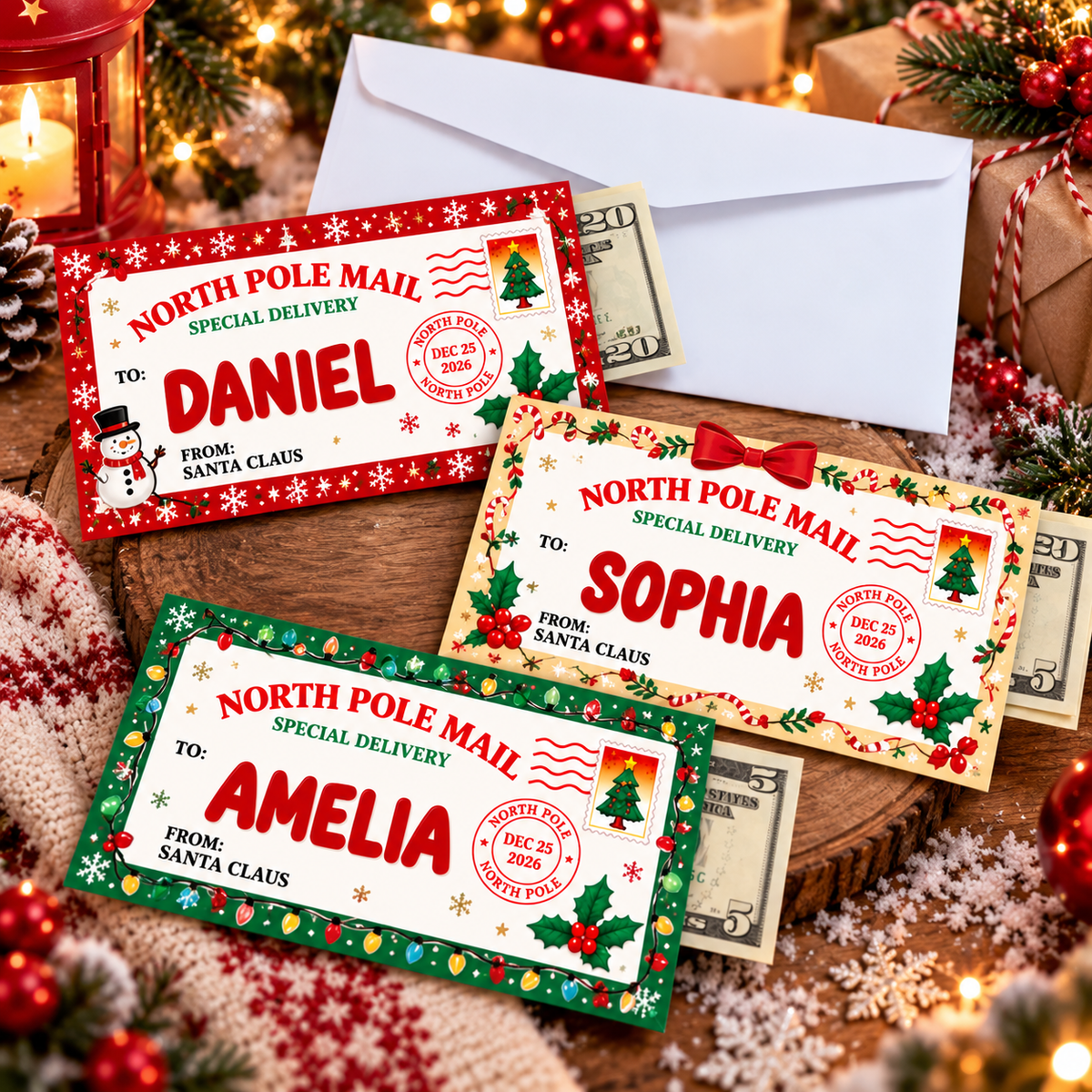 Personalized North Pole Mail Christmas Money Envelope – Custom Name Cash Gift for Kids CH07 180930