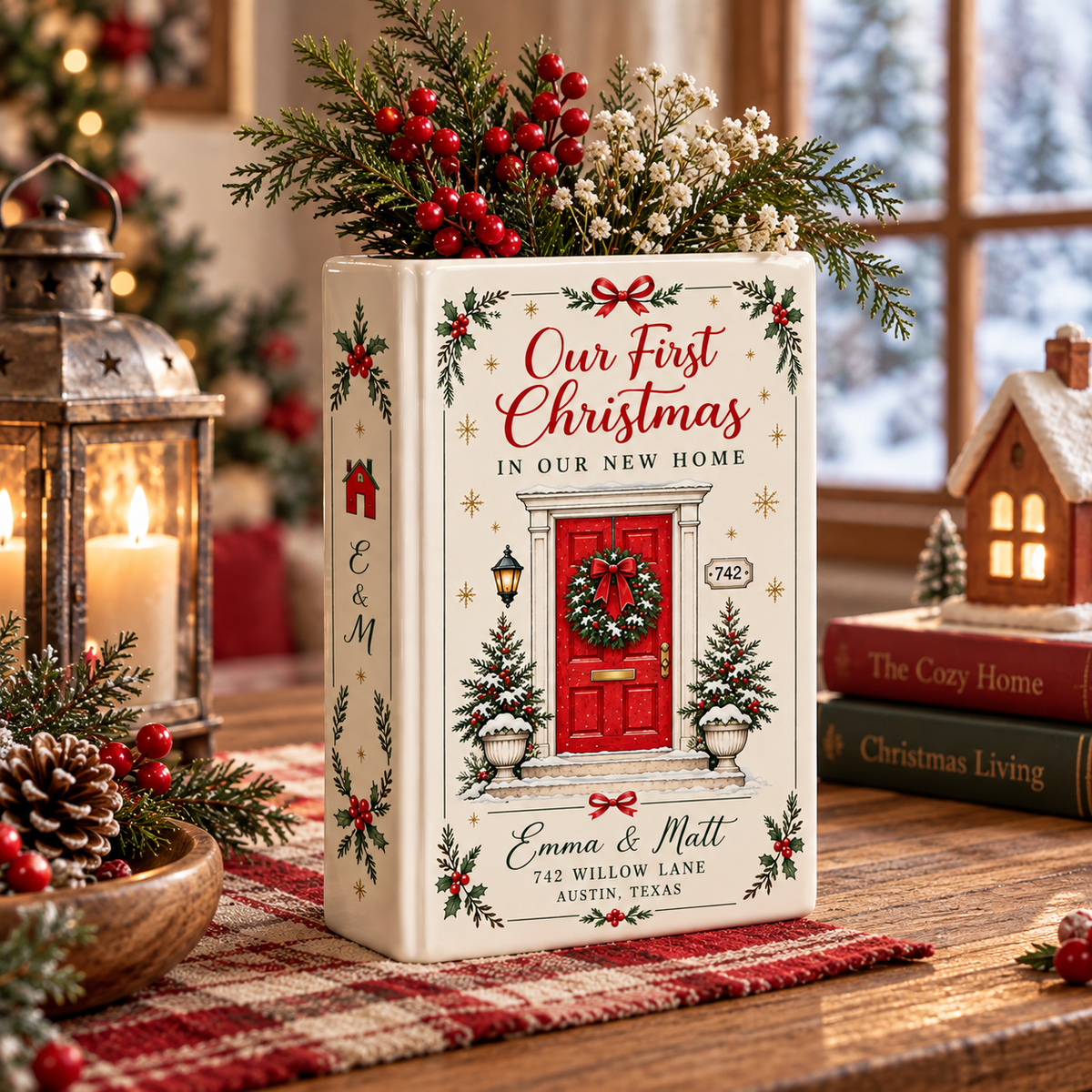 Our First Christmas In Our New Home Book Vase, Custom Couple Name & Address Ceramic Vase, First Home Christmas Gift CH07 181170