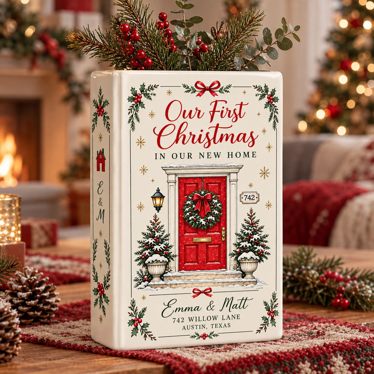 Our First Christmas In Our New Home Book Vase, Custom Couple Name & Address Ceramic Vase, First Home Christmas Gift CH07 181170