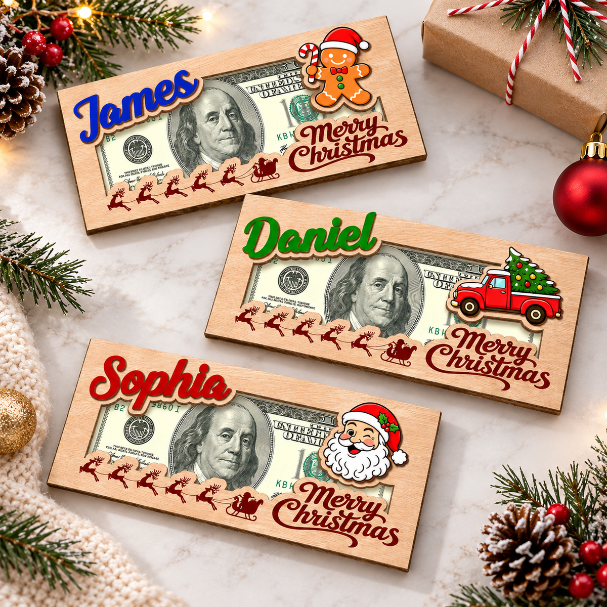 Personalized Merry Christmas Cute Cartoon Pattern Wood Money Holder HO82 903968