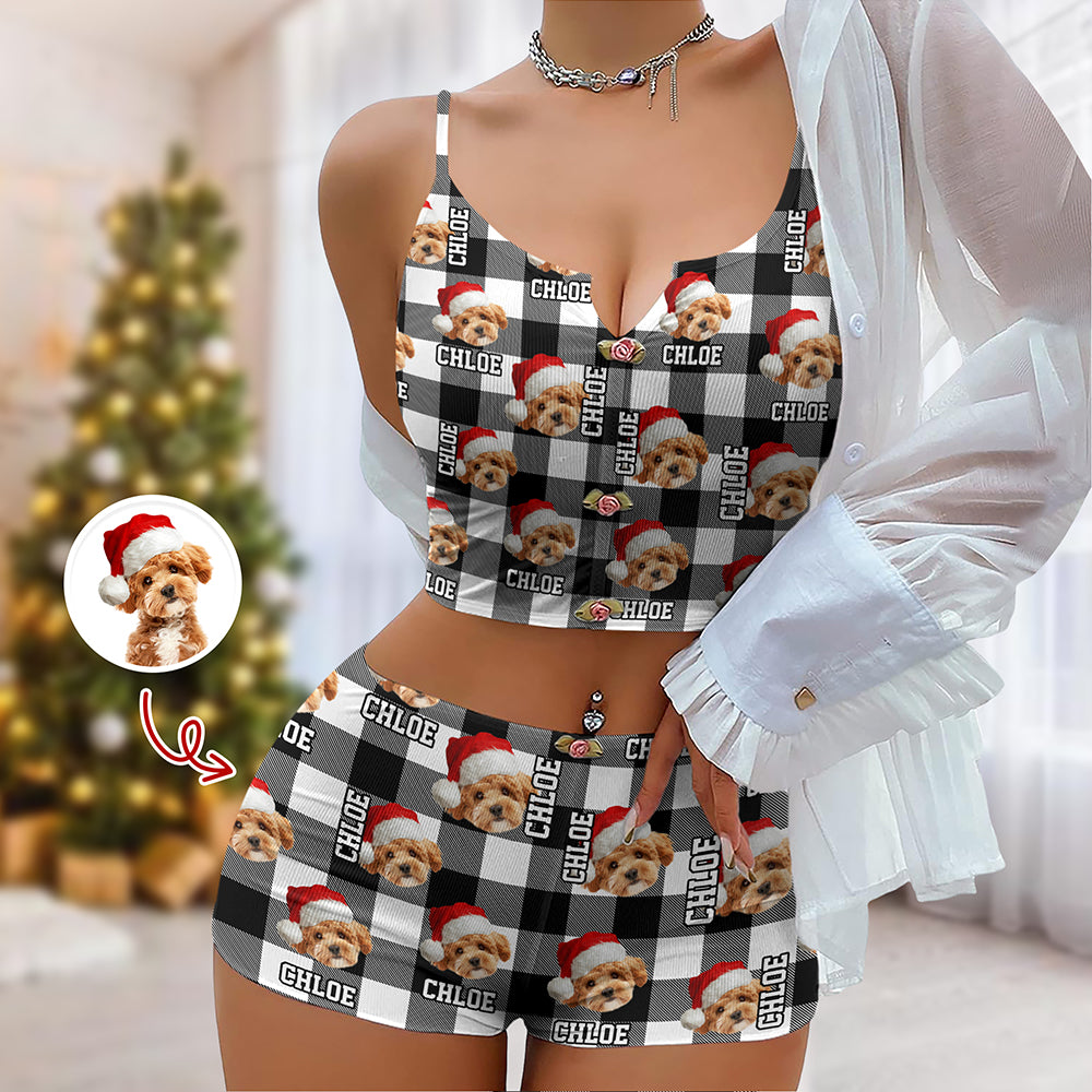 Custom Photo Name Dog Cat Christmas Flannel Appliques Notched Neckline Lingerie Set LM32 893909