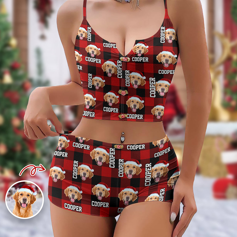 Custom Photo Name Dog Cat Christmas Flannel Appliques Notched Neckline Lingerie Set LM32 893909